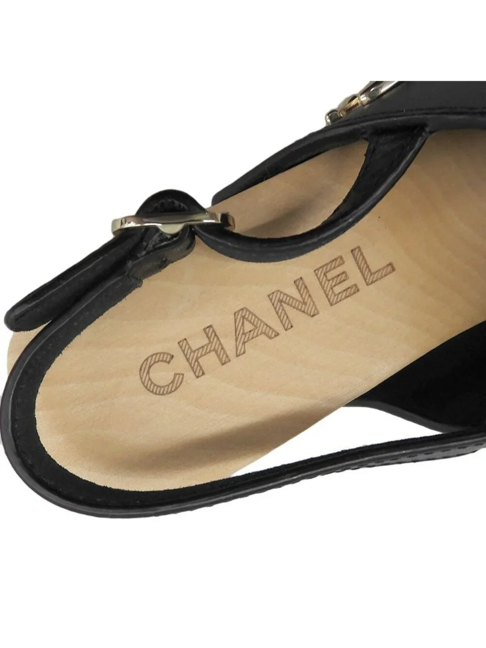 Chanel CC Logo Wood Wedge Sole Sandals 34 Black Almost Kids